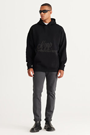 Erkek Siyah Oversize Fit Bol Kesim Kapüşonlu Içi Polarlı 3 Iplik Baskılı Sweatshirt