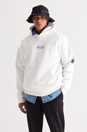 Erkek Beyaz Oversize Fit Bol Kesim Kapüşonlu Içi Polarlı 3 Iplik Pamuklu Sweatshirt