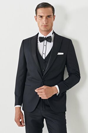 Erkek Lacivert Slim Fit Dar Kesim Kırlangıç Yaka Desenli Yelekli Smokin Takım