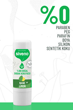 Siveno %100 Doğal Dudak Koruyucu Nane & Limon Bitkisel Lipbalm Krem Nemlendirici Parlatıcı Onarıcı 6 G