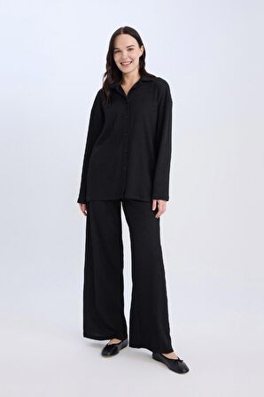 DeFacto Relax Fit Gömlek Yaka Bürümcük Uzun Kollu Siyah Gömlek D7520AX24AUBK81