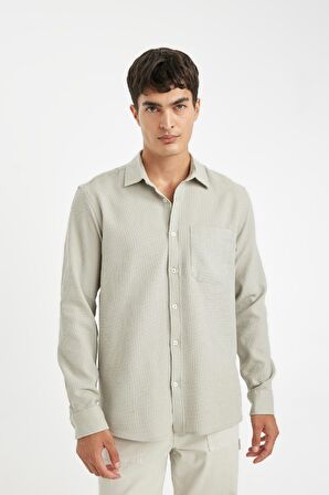 DeFacto Gri Regular Fit Waffle Polo Yaka Basic Düz Pamuklu Uzun Kollu Gömlek D1058AX24AUGR322