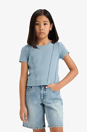 Kız Çocuk Slim Fit Dar Kesim Bisiklet Yaka Basic Düz Ribana Kısa Kollu Tişört