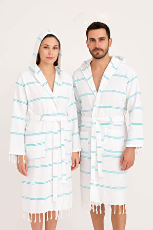 Kapşonlu Unisex Beyaz Çizgili Banyo Deniz Plaj Peştemal Bornozu %100 Pamuklu