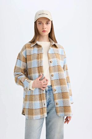 DeFacto Relax Fit Gömlek Yaka Kareli Flanel Uzun Kollu Gömlek Tunik D4774AX24AUBE409