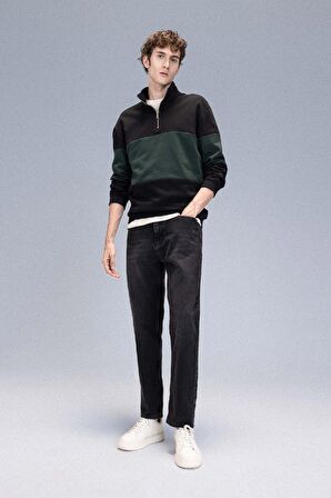 DeFacto Comfort Regular Fit Rahat Kalıp Dik Yaka Fermuarlı Çizgili Kalın Sweatshirt D2401AX24AUBK34