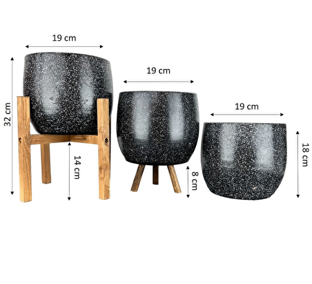 Ev Dekorasyon Aksesuar Siyah Granit Toprak Saksı Saksılık Salon Çiçeklik Üçlü Set- 19 CM