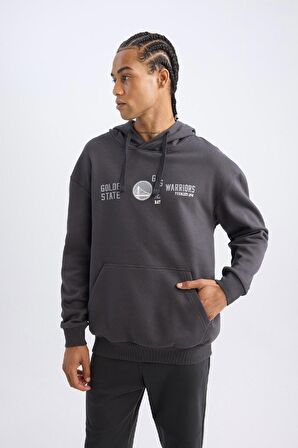 DeFactoFit NBA Golden State Warriors Boxy Fit Kapüşonlu Baskılı Kalın Sweatshirt D0674AX24AUAR231