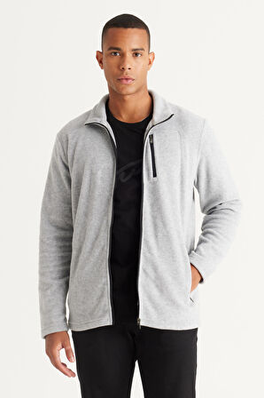 Erkek Gri Melanj Standart Fit Bato Yaka Cepli Fermuarlı Soğuk Geçirmez Sweatshirt Polar Ceket