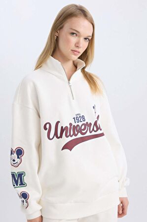 DeFacto Coool Disney Mickey & Minnie Oversize Geniş Kalıp Fermuarlı Dik Yaka Baskılı Kalın Beyaz Sweatshirt D5958AX24WNWT32