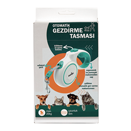 Makaralı Otomatik 5 Metre Geri Çekilebilen Kedi Köpek Gezdirme Tasması XS / S / M