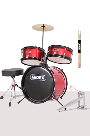 Midex CD300X-RD Akustik Junior Çocuk Baterisi Davulu Seti 5-14 Yaş İçin Full Set