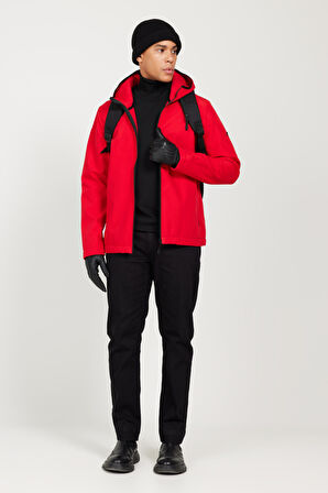 Erkek Kırmızı Standart Fit Normal Kesim Dik Yaka Softshell Mont
