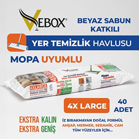 Vebox Easy Wet Wipes Beyaz Sabun Katkılı Mopa Uyumlu Yer Temizlik Havlusu 4XL 40 Yaprak