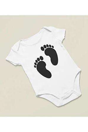 Tasarım Ayak İzi Baskılı Pamuklu Yumuşak Unisex Çıtçıtlı Body Zıbın