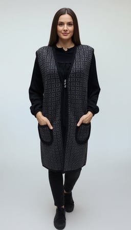 KADIN ORTA YAŞ VE ÜZERİ ÖNÜ ÜÇ DÜĞMELİ CEPLİ UZUN KALIN KIŞLIK YELEK
