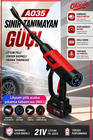 okaoda 💥💥A035 Şarjlı Basınçlı Oto Yıkama Makinesi Kömürsüz Motor Dijital Ekran Ayarlanabilir Su Basıncı