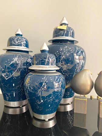 3 LÜ ŞAH KÜP SET GECE MAVİSİ MERMER DESENLİ