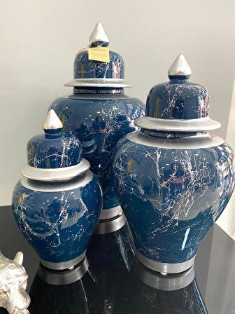 3 LÜ ŞAH KÜP SET GECE MAVİSİ MERMER DESENLİ