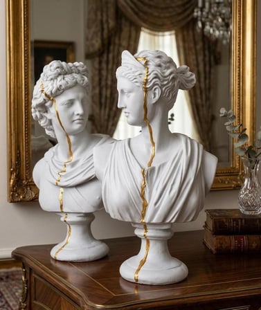 Dekoratif Apollo Diana Büst Biblo – Antik Yunan Heykel Tarzı, Biblo Gold Detaylı Lüks Salon Konsol Süs Objesi ( polyester)