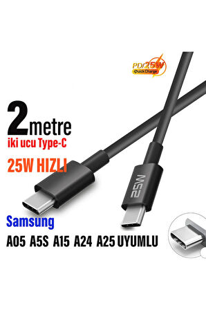 Samsung A05 A5S A15 A24 A25  Hızlı Şarj Kablosu Type-C den Type-C ye 2 metre Uzun Şarj Kablosu