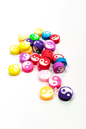 90 Adet 10 mm Polimer Kil Fimo Boncuk Takı Bileklik + 5 Metre Misina Hediye - Yin Yang - Yin Yang - Limon