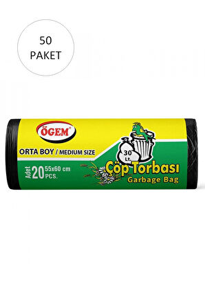 Orta Boy Çöp Torbası 55 x 60 cm 20 Li Rulo x 50 Paket = 1.000 Adet (Siyah)