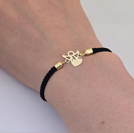 Özel Mevlana Motifli Siyah Örgü Detaylı ve 14 Ayar Altın Plakalı A Harfli Bileklik