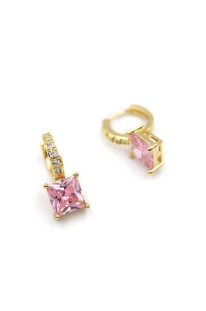 Kare Taşlı Küpe - Pembe — Renk: Pembe