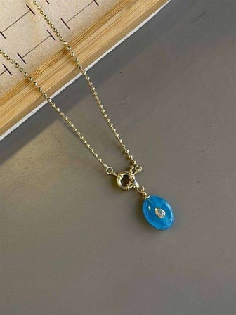 Dorika Zincirli Taşlı Kolye- 60 cm - Mavi — Renk: Mavi