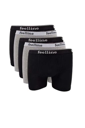 5 adet Feelline Siyah ve Gri Pamuklu Doğal Likralı Erkek Boxer — Beden: XXL
