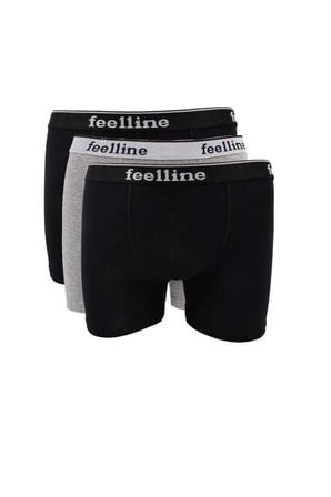 3 adet Feelline Siyah ve Gri Pamuklu Doğal Likralı Erkek Boxer — Beden: XXL