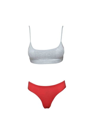Pedli İp Askılı Yarım Atlet Büstiyer Külot Takım Gri Kırmızı — Beden: L-XL