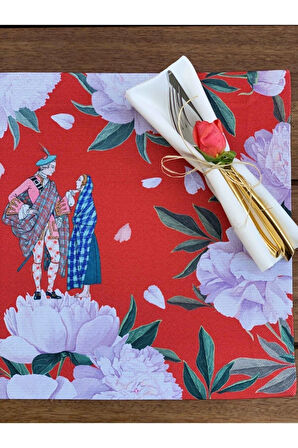 Kırmızı White Rose Kumaş Amerikan Servis 4'lü Set 35x50cm