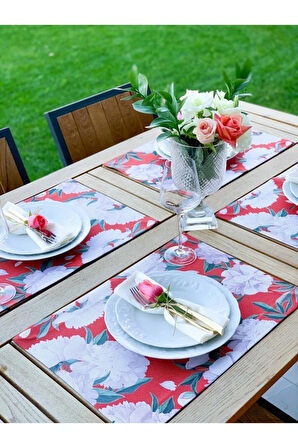 Kırmızı White Rose Kumaş Amerikan Servis 4'lü Set 35x50cm