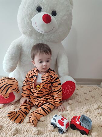 3-6-9-12 Ay Pooh Desenli Zebra Çizgili Şapkalı Sweatli 3lü Kız Erkek Bebek Tulumu(sarı)