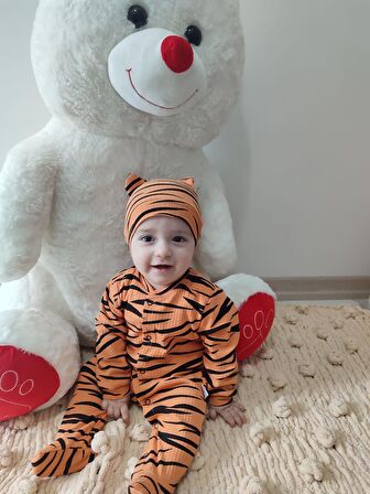 3-6-9-12 Ay Pooh Desenli Zebra Çizgili Şapkalı Sweatli 3lü Kız Erkek Bebek Tulumu(sarı)