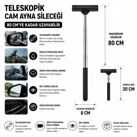 Paslanmaz Çelik 2’si 1 Arada Teleskopik Cam ve Zemin Sileceği – Ayarlanabilir Saplı Temizlik Aparatı