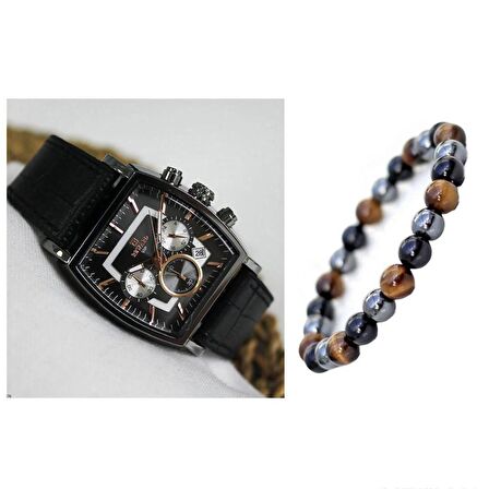 Reward Siyah Renk Deri Kordon Fonksiyonları Aktif Kare Kadran Erkek Kol Saati + Bileklik