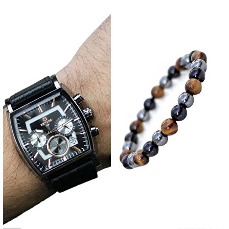 Reward Siyah Renk Deri Kordon Fonksiyonları Aktif Kare Kadran Erkek Kol Saati + Bileklik