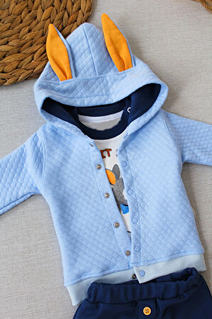 6-9-12 Ay Rabbit Şhow Nakışlı Kapşonlu Ceket Uzun Kollu Sweat Erkek Bebek 3lü Takım