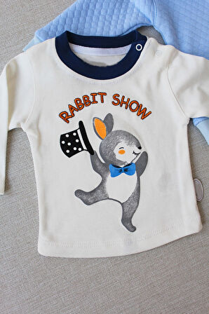 6-9-12 Ay Rabbit Şhow Nakışlı Kapşonlu Ceket Uzun Kollu Sweat Erkek Bebek 3lü Takım
