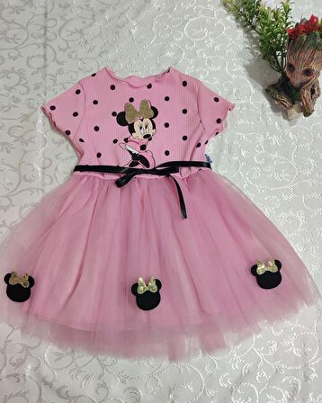 2-3-4 Yaş Puantiyeli Mickey Baskılı Kurdela Kuşaklı Astarlı Kız Bebek Tütü Elbisesi