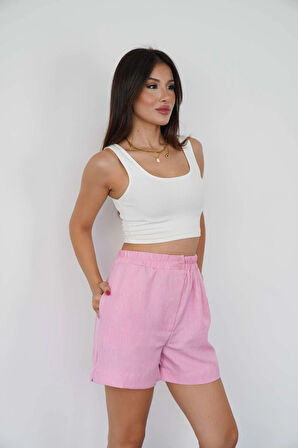 Kadın Pembe Beli Lastikli Keten Şort