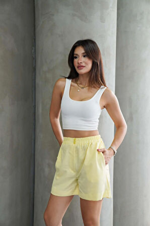 Kadın Sarı Beli Lastikli Keten Şort