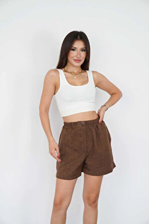 Kadın Kahverengi Beli Lastikli Keten Şort