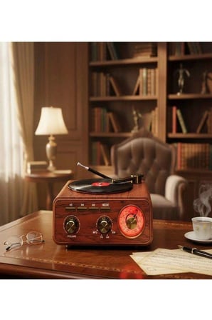 Nostaljik Tasarım Plak Çalar Görünümlü Radyolu Bluetooth Hoparlör Retro Müzik Plak