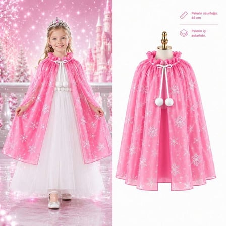 Kar Tanesi Desenli Pembe Elsa Pelerini - Astarlı Frozen Pelerini 85 Cm