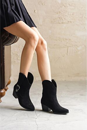 Kadın Lola Kemer Detay Kısa Topuklu Siyah Süet Kov - Siyah