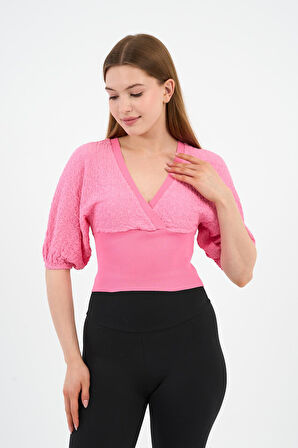 Kadın Kruvaze Yaka Balon Kollu Bluz (A23-10130)